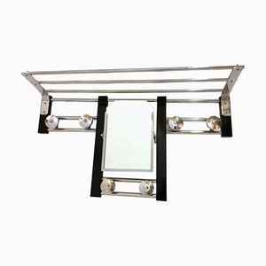 Black Lacquer Wood and Chromed Metal Hanging Coat Rack with Mirror, France, 1940