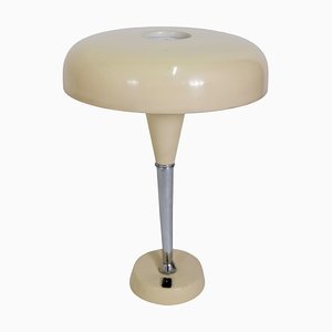 French Art Deco Table Lamp in Beige Lacquered Metal & Chromed Shaft, 1930s
