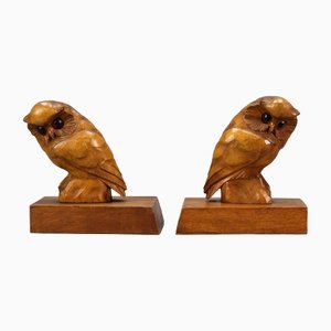 Hand Carved Owl Wooden Bookends, Germany, 1930s, Set of 2