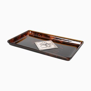 Mid-Century French Tortoiseshell Acrylic and Silver Serving Tray in the Style of Dior, 1970s