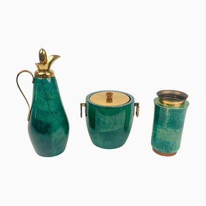 Green Goatskin & Brass Barware Set attributed to Aldo Tura for Macabo, Italy, 1960s, Set of 3