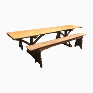 Long Antique Monastrey Dining Table & Benches in Solid Oak, Set of 3