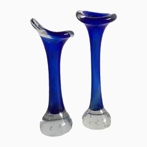 Mid-Century Swedish Handblown Blue Glass Stem Vases from Aseda