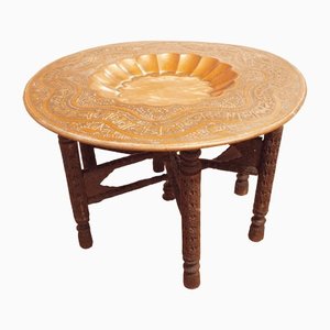 Vintage Moroccan Copper and Wooden Coffee Table