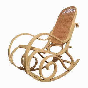 Rocking Chair Style Art Nouveau en Bois Courbé et en Jonc