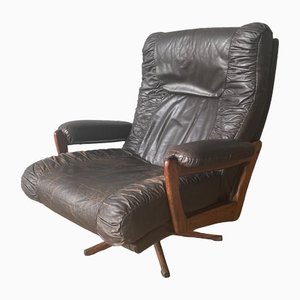 Vintage Danish Teak and Leather Swivel and Reclining Chair