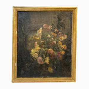 Oil on Canvas Flower Bouquet 18th Century Signated Golden Wand Frame, 1800s, Oil