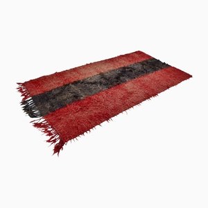 Modern Turkish Kilim Rug in Red and Black with Pom Pom Detail