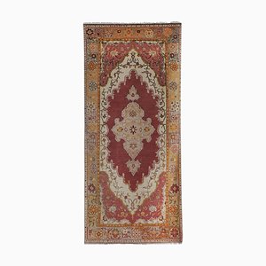Decorative Distressed Oushak Rug in Red and Gold