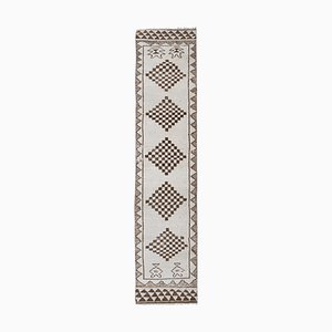 Turkish Boucherouite Style Hand-Knotted Neutral Herki Runner Rug