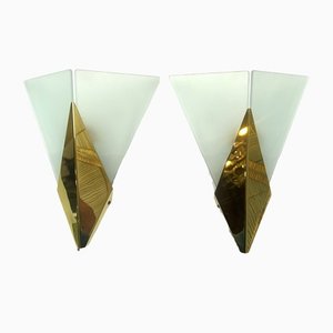 Mid-Century Triangular Modern Glass & Brass Sconces from Hustadt Leuchten, 1970s, Set of 2
