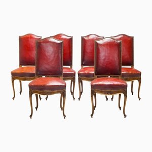 Oak Dining Chairs in Red Leather, 1920, Set of 6