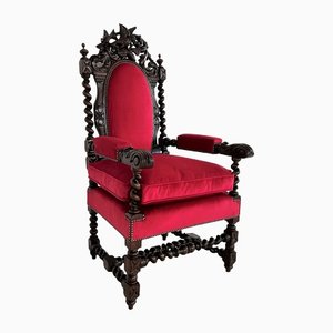 Italian Baroque Throne Armchair in Walnut & in Velvet, 1890-1900s