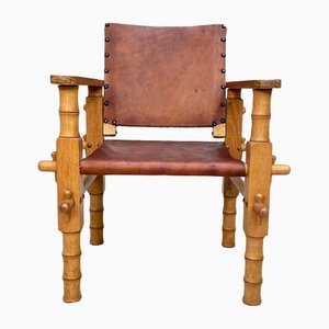 South American Brutalist Leather & Oak Safari Chair, Colombia, 1960s