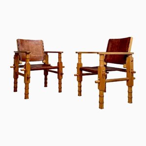 South American Brutalist Leather & Oak Safari Chairs, Colombia, 1960s, Set of 2