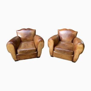 French Leather Caramel Moustache Club Chairs, 1930s, Set of 2