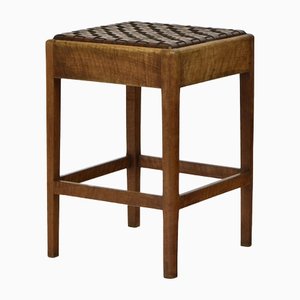 Tabouret Arts & Crafts en Noyer et Cuir, 1920s