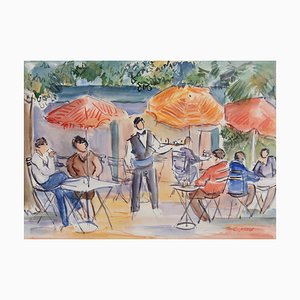 Catherine Garros, Le Café, 1990s, Watercolor on Paper, Framed