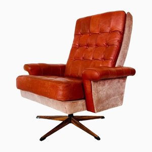 Mid-Century Danish Red Leather and Suede Lounge Chair, 1970s