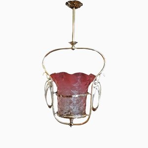 Art Nouveau Brass & Cranberry Glass Ceiling Fitting, 1890s
