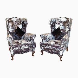 Early 20th Century Oak Framed Wing Back Armchairs, 1890s, Set of 2
