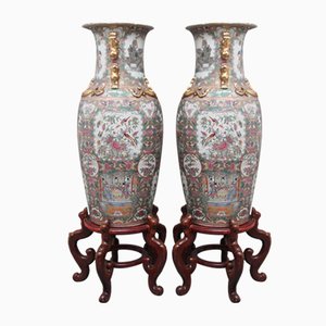 Mid 20th Century Chinese Porcelain Famille Rose Vases on Wooden Stands, 1960, Set of 2
