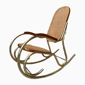 Vintage Brass and Cane Rocking Chair, 1950s