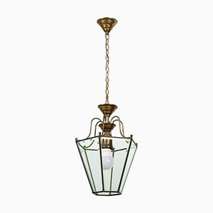 Italian Brass and Beveled Glass Hexagonal Pendant Lamp in the Style of Adolf Loos, 1950s