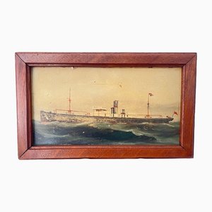 Steamer Ship Painting, Early 20th-Century, Oil on Board, Framed
