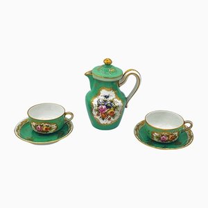 Sèvres style Tête-À-Tete Coffee Service in Emerald Green Painted with Bouquets of Flowers, Set of 6