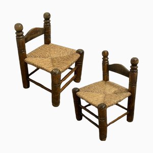 Antike spanische rustikale niedrige Stühle, 2er Set