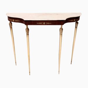 Vintage Walnut Console with a Portuguese Pink Marble Top and Brass Frame, Italy, 1960s