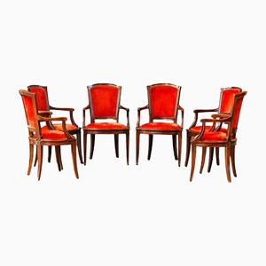 Spanish Oak & Red Velvet Chairs, 1970s, Set of 4
