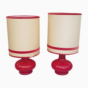 Red Glass Base Table Lamps, 1960s, Set of 2