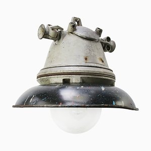Vintage European Black Enamel Industrial Clear Glass Pendant Lamp, 1950s