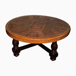 Circular Coffee Table with Tooled Leather Top, 1970s