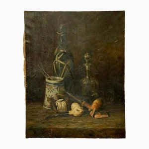 Peinture Nature Morte avec Pipe & Carafe, 19ème Siècle, Huile sur Toile