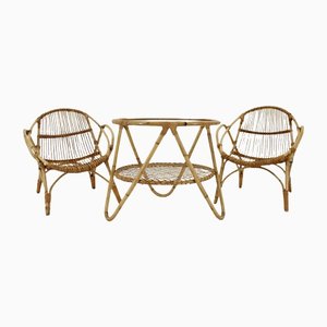 Rattan Armlehnstühle und Couchtisch von Alan Fuchs, Tschechoslowakei, 3er Set