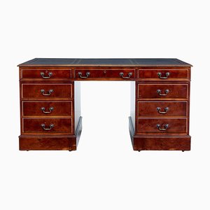 Mahogany and Burr Leather Top Pedestal Desk, 1990s