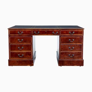 Mahogany and Burr Leather Top Pedestal Desk, 1990s