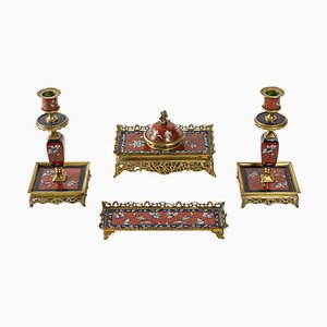 Set da scrivania Cloisonné in bronzo, XIX secolo, set di 4