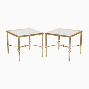 Tavolini Mid-Century in vetro e ottone di Maison Jansen Paris, anni '50, set di 2