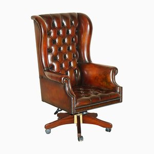 Vintage Brown Leather Wingback Captain's Swivel Chair, 1960s