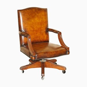 Vintage Restored Brown Leather & Oak Captain's Armchair