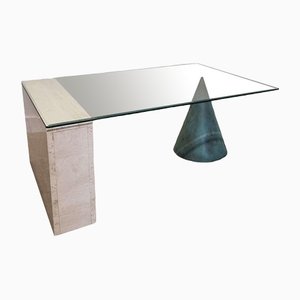 Table Basse Vintage Géométrique en Travertin et Verre