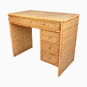 Mid-Century Italian Bamboo, Wicker & Rattan Desk Table with Drawers, 1970s