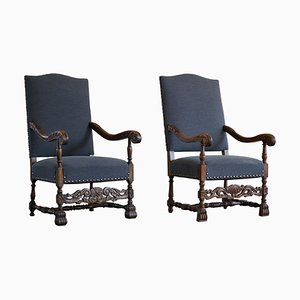 Antique 19th Century Danish Baroque Carved High Back Armchairs, Set of 2