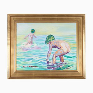 Ejnar R. Kragh, Children Bathing at the Beach, 1960s, Oil on Canvas, Framed
