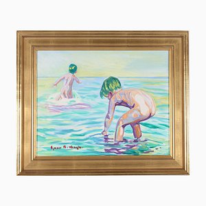 Ejnar R. Kragh, Niños bañándose en la playa, años 60, óleo sobre lienzo, enmarcado