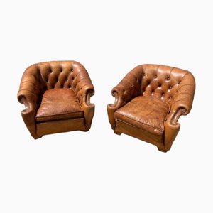 Vintage Leather Chesterfield Club Sofas, Set of 2